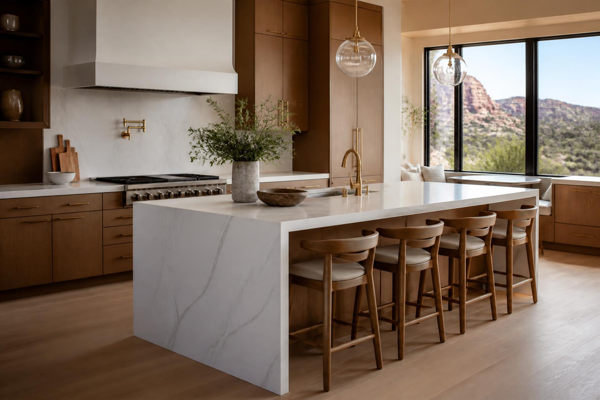 Luxury Southern Utah kitchen with white quartz waterfall island