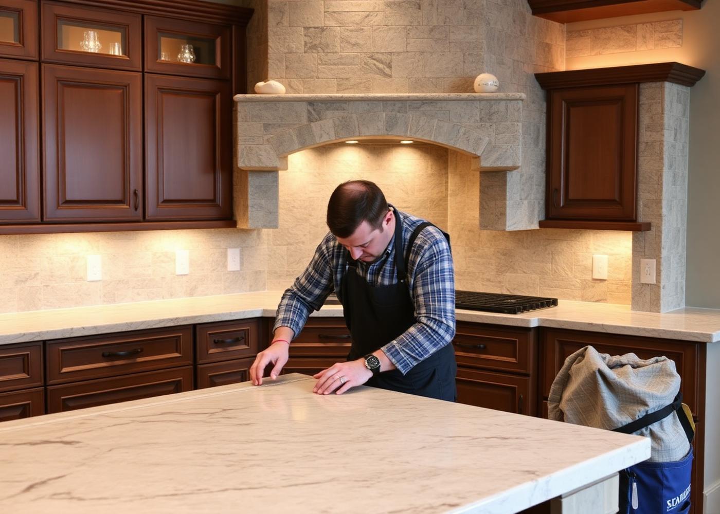 Design Concepts craftsman installing custom stone countertop